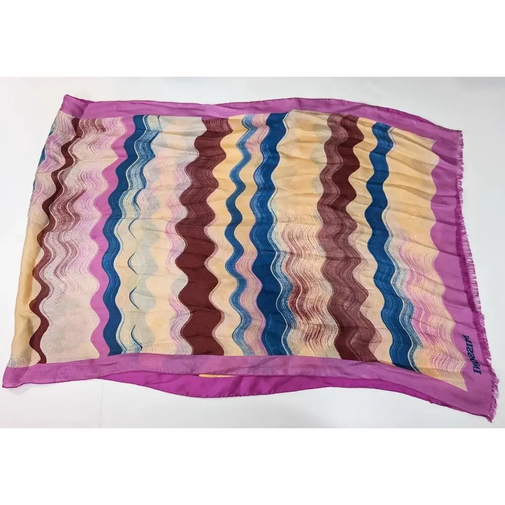 Missoni Foulard Silk Scarf Wrap Purple Waves Print Rectangular 76 x 26